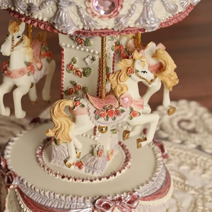 Vintage Carousel Music Box - Rotating Horse Musical Figurine,Carrusel De Navidad, Ideal Birthday, Christmas, Valentine's Day Gift for Girls, Women, Girlfriend, Mom Home Décor & Gift(Off White)
