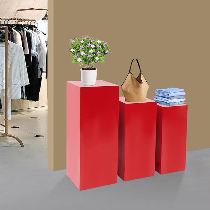3 PCS Display Pedestal Stand, Metal Display Pedestal Stands Decoration Cube Sculpture Displays Column Square Displays Stands Pillars for Wedding Party Baby Shower Birthday (Red, 3PCS)
