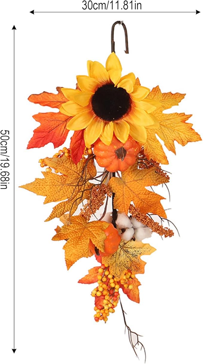 Ochine Artificial Fall Teardrop Swag - Autumn Harvest Hanging Flower for Front Door - Thanksgiving Halloween Christmas Decoration