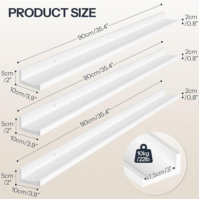 HOOBRO Floating Shelves, Wall Shelf Set of 3, 35.4 Inches Hanging Shelf with Raised Edge and Invisible Brackets, for Bathroom, Bedroom, Kitchen, Office, Living Room Decor, White WT90BJ01
