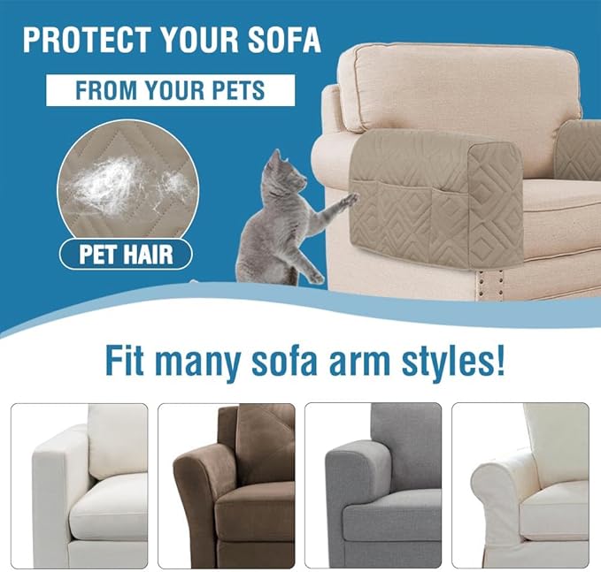H.VERSAILTEX Armrest Covers for Sofa Water Resistant Couch Arm Covers Remote Control Holder Sofa Armrest Organizer for Magazine, Tablet, Phone, iPad(Set of 2, Khaki/Beige)