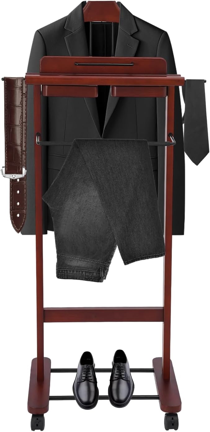 Suit Valet Stand for Men, Wood Suit Rack, Mens Valet Stand, Clothes Stand with Universal Wheels, Freestanding Clothing Stand for Home, Office, Hotel, Upscale Clubs