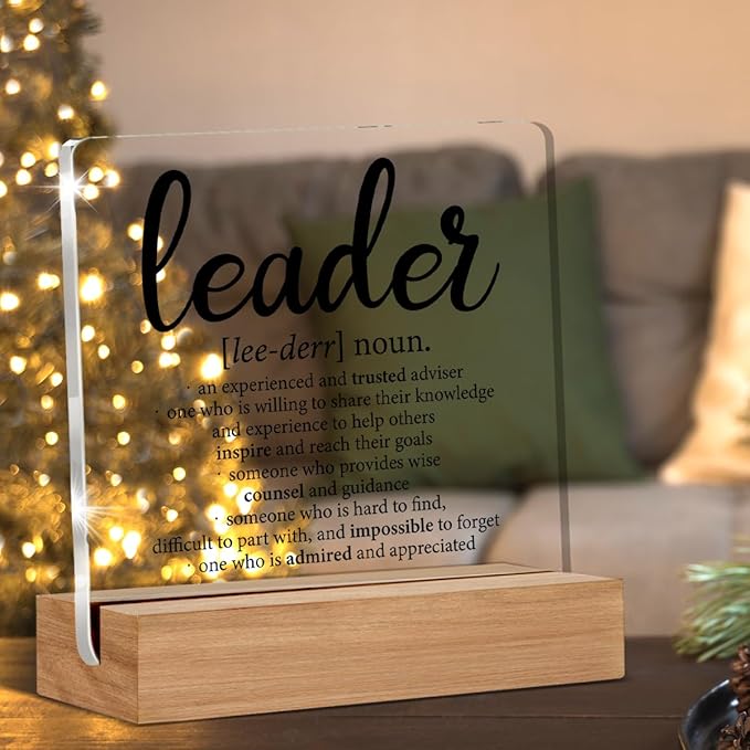 Oqtumes Leader Appreciation Gifts for Boss Mentor Manager Leadership Leader Definition Clear Desk Decorative Sign Acrylic Sign With Wooden Stand for Desk Table Shelf