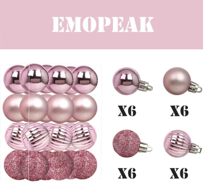 Emopeak 24Pcs Christmas Balls Ornaments for Xmas Christmas Tree - 4 Style Shatterproof Christmas Tree Decorations Hanging Ball for Holiday Wedding Party Decoration (Pink, 1.3"/3.2CM)