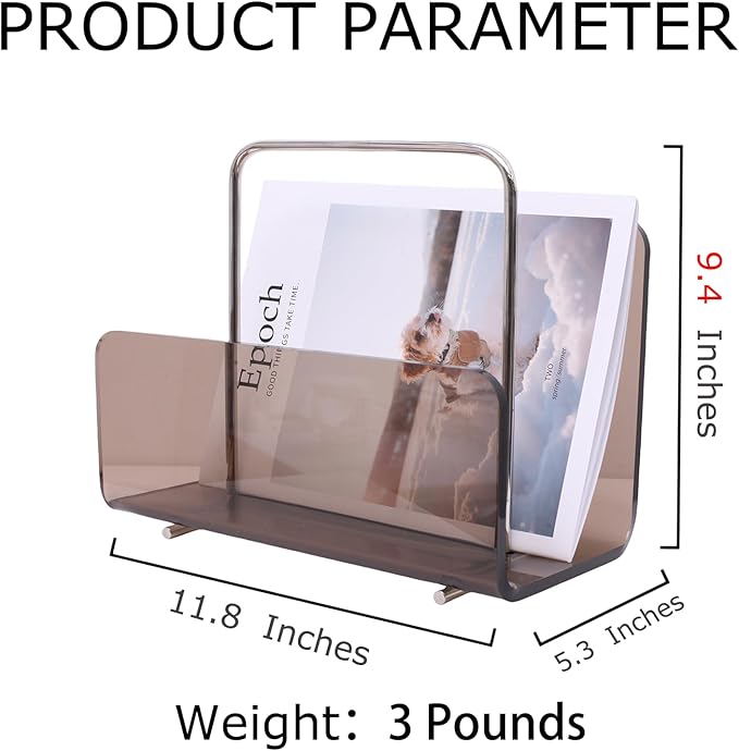 Magazine Holder, Brown Clear Acrylic with Stainless Steel Handle, Tabletop Display Stand