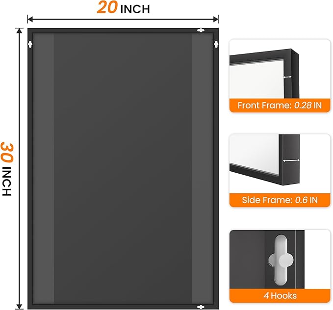 TRAHOME Bathroom Vanity Mirror for Wall, 20" x 30" Metal Framed Rectangular Bathroom Wall Mirror for Over Sink, HD Shatterproof Glass, Hangs Horizontally or Vertically(Black)