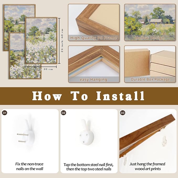 BINCUE Framed Wildflower Wall Art Rustic Floral Wall Decor Vintage Landscape Artwork Nature Flowers Wall Pictures Wildflowers Art Prints Florals Paintings for Living Room Bedroom Bathroom Farmhouse 16x24 Inches Set of 3 Gift