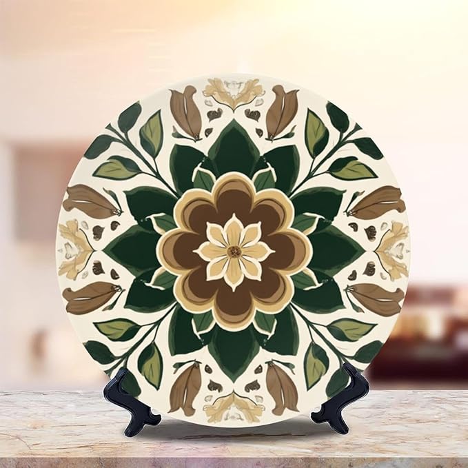 Decorative Plates for Display 8" Boho Chic Floral Tile Design Earthy Tones Dark Green Leaves Ceramic Ornament with Display Stand and Hook Up for Wall Decor Hanging Festival Wedding Gift
