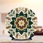 Decorative Plates for Display 10" Boho Chic Floral Tile Design Earthy Tones Dark Green Leaves Ceramic Ornament with Display Stand and Hook Up for Wall Decor Hanging Festival Wedding Gift