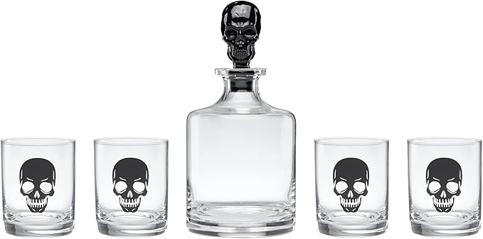 Oneida Barware, 5-Piece Skeleton Whiskey Set, 4 Drinking Glasses & 1 Decanter, Dishwasher Safe, Halloween Decor Indoor, Halloween Table Decorations for Party, Skeleton Themed (4 Glasses, 1 Decanter)