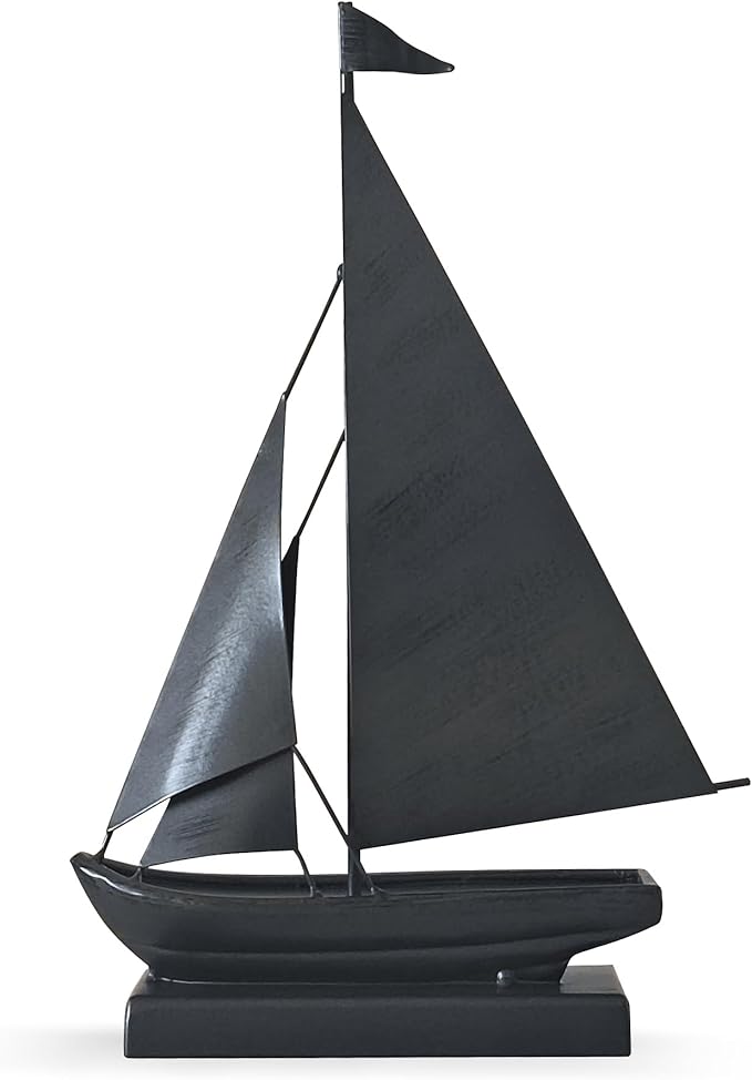 Retro Metal Sailboat Decor, Iron Nautical Sculpture for Home, Vintage Boat Figurine for Living Room Table, Office Desk, Bookshelf, Coastal Style Decoration (Dark Gray)