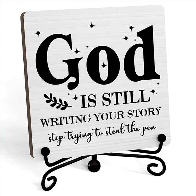 Inspirational Christian Desk Decor, God Is Still Wrting Your Story Sign, Desk Decorations For Office Home Living Room Bathroom, Eucalyptus Shelf Decor, Wooden Plaque With Stand (C12)