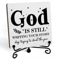 Inspirational Christian Desk Decor, God Is Still Wrting Your Story Sign, Desk Decorations For Office Home Living Room Bathroom, Eucalyptus Shelf Decor, Wooden Plaque With Stand (C12)