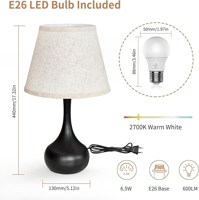 ONEWISH Touch Bedside Lamp Set of 2, Farmhouse 3-Way Dimmable Table Lamps for Nightstand with Fabric Shade, Desk Lamp for Reading, Bedroom, Livingroom, Office