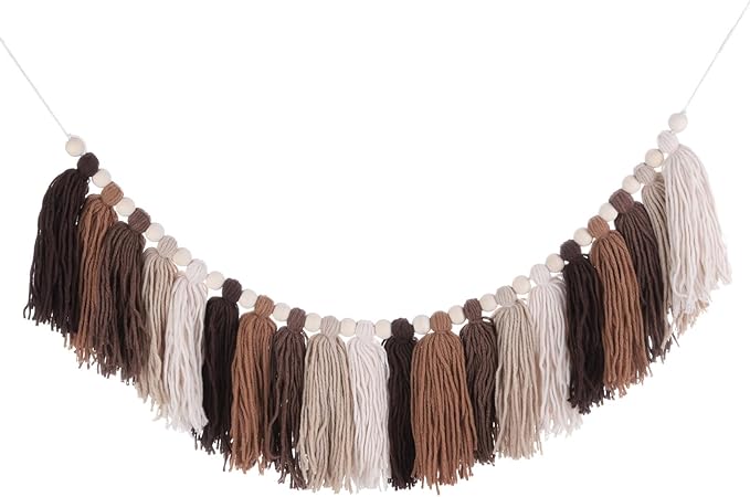 MECCANIXITY Bohemian Yarn Tassel Garland with Wood Beads,3.9Ft Brown Terracotta Fall Wall Hanging Tassels Banner Western Room Decor for Bedroom Office Nursery Classroom Party Decorations