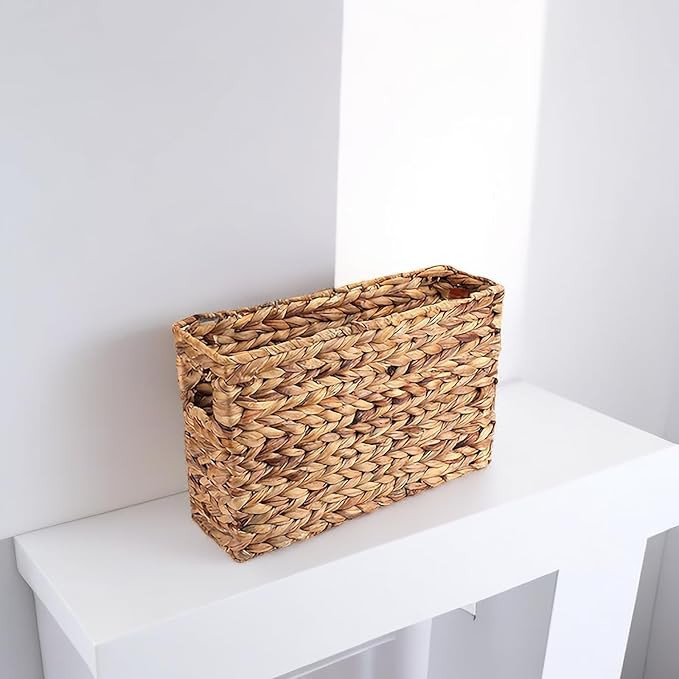 Yesland Hand-Woven Narrow Water Hyacinth Holder Wicker Basket, 15.5 x 5.5 x 9.75 Inch Decorative Magazine Storage Basket Bin for Home, Office, Desk
