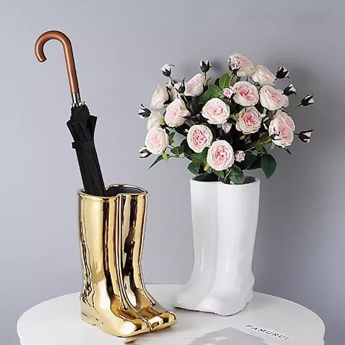 Ceramic Umbrella Stand Rack, Tall Rain Boots Umbrella Holder Rack,Entryway Canes/Walking Sticks Rain Umbrella Storage Holder for Hallway Home Office Decor(13.3 * 10.2 * 7.5inch, White)