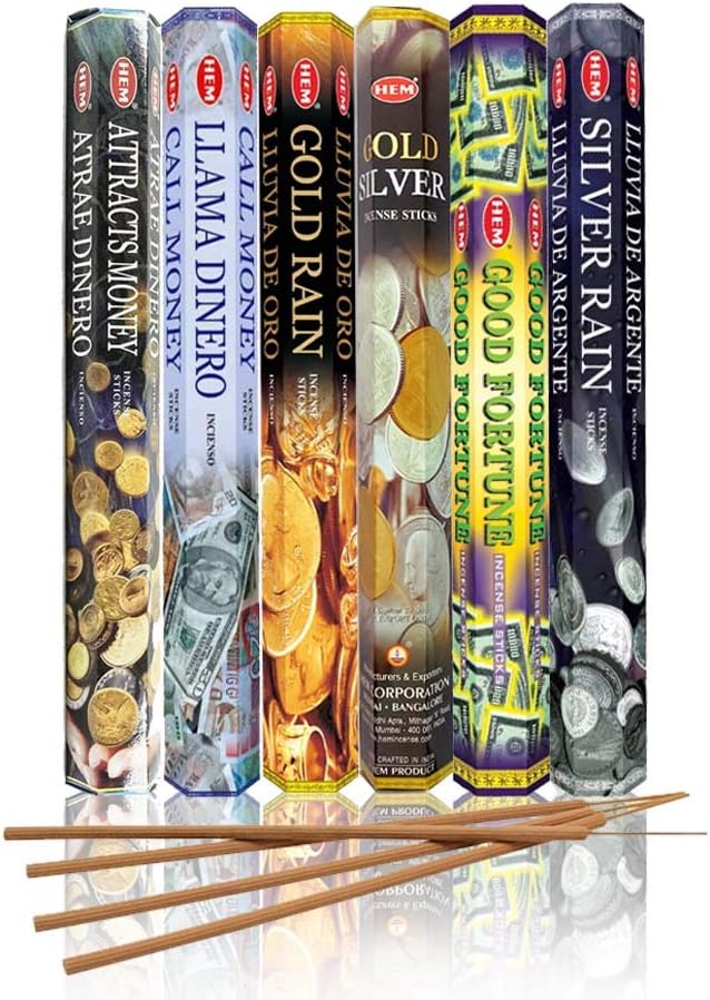 HEM Assorted Incense Sticks – Attracts Money, Call Money, Gold Rain, Gold Silver, Good Fortune & Silver Rain – Pack of 6 – Premium Aromatherapy for Prosperity, Meditation & Home Fragrance.