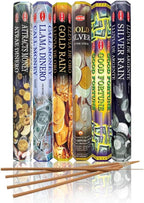 HEM Assorted Incense Sticks – Attracts Money, Call Money, Gold Rain, Gold Silver, Good Fortune & Silver Rain – Pack of 6 – Premium Aromatherapy for Prosperity, Meditation & Home Fragrance.
