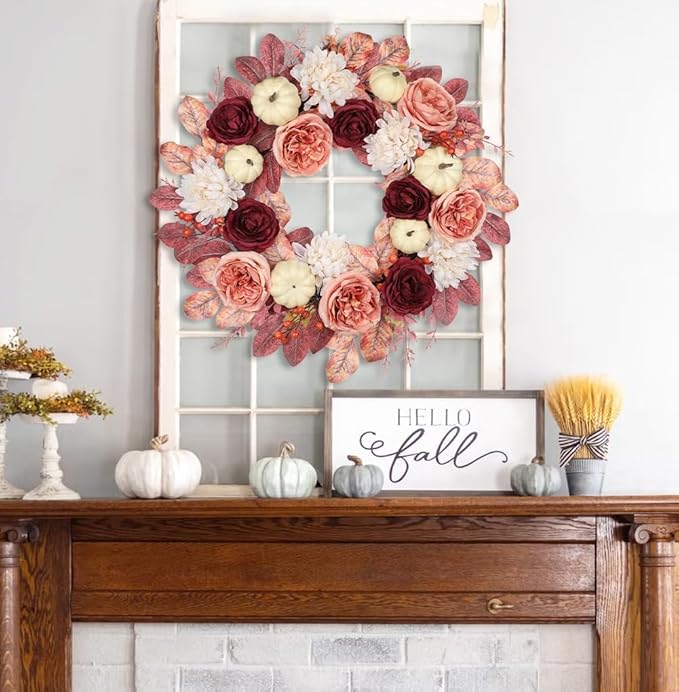 24 Inch Fall Wreaths for Front Door Outside Autumn Silk Flower Wreath with White Artificial Pumpkins, Peony, Rose & Leaves – Fall Door Wreath for Outdoor Indoor Thanksgiving Decor Pink and Burgundy