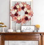 24 Inch Fall Wreaths for Front Door Outside Autumn Silk Flower Wreath with White Artificial Pumpkins, Peony, Rose & Leaves – Fall Door Wreath for Outdoor Indoor Thanksgiving Decor Pink and Burgundy