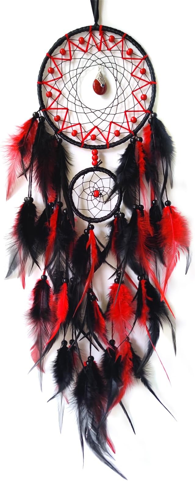 Black and Red Dream Catcher Wall Decor Feather Dream Catchers with Pendant Handmade Dreamcatcher Wall Hanging Ornament for Bedroom Living Room Home Decor