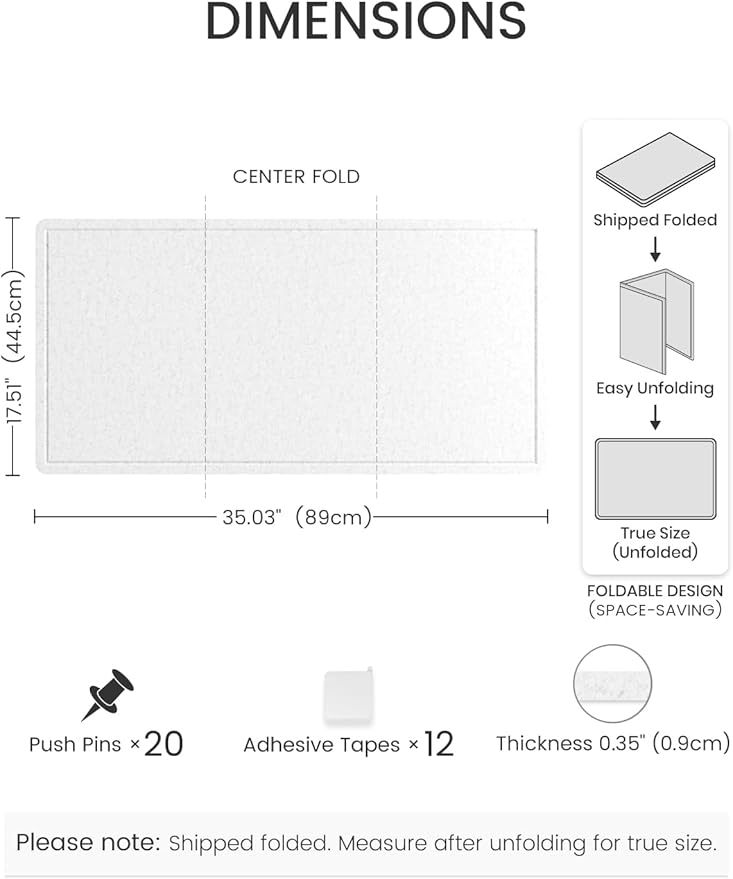 Fluxynara Bulletin Board, 35" x 17.5" Cork Board Alternative with 12 Safe Removable Adhesive Tabs, Foldable Felt Pin Board for Home Office, Classroom, Bedroom,Entryway for Walls—Light Gray