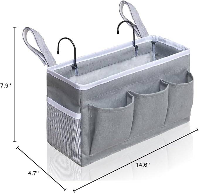 Bedside Caddy Hanging Storage Bag, Organizer Baskets with Pockets for Bunk Bed Accessories, Loft & Dorm Rooms Chair Bed Rails (Gray_1pcs)
