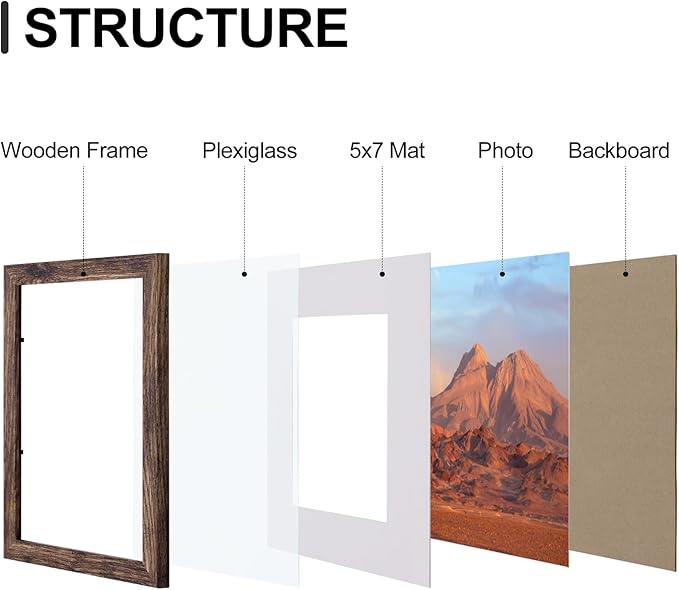 Vittanly 8x10 Picture Frames Set of 9, Shatter Resistant Plexiglass, Display 5x7 Pictures with Mat or 8x10 without Mat, Photo Frames for Wall or Tabletop, Engineered Wood, Brown