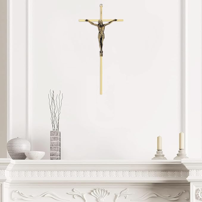 DCCXN Crucifix Wall Cross, Metal Catholic Hanging Cross Wall Decor - 10 Inch, Shiny Gold