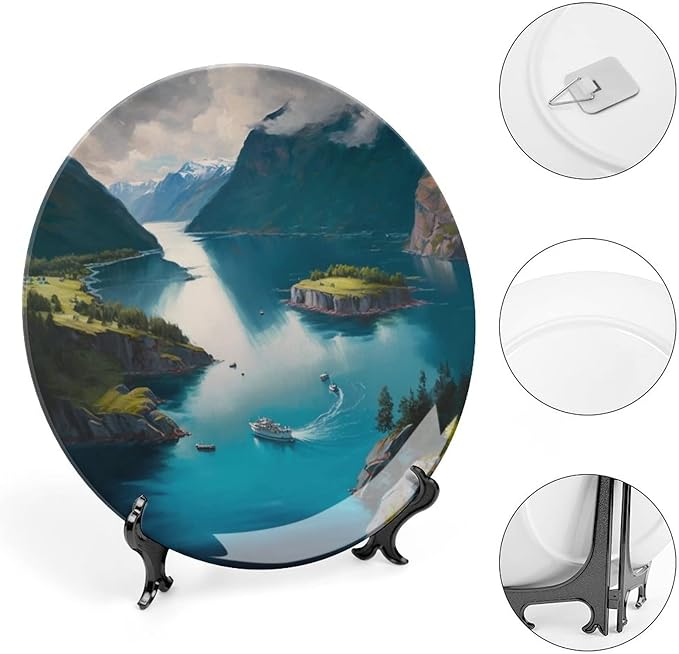 Decorative Plates for Home Decor, Fjords Mountain Lake & Ship Landscape Decor Tray for Table Display, Ceramic Dinner Plate w/Stand, Living Room Dining Room Decor, Housewarming Gifts, 6 Inch