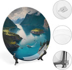 Decorative Plates, Fjords Mountain Lake & Ship Landscape Display Plate for Home Office Kitchen Table Decor Porcelain Plates 10 Inch, Birthday Gifts
