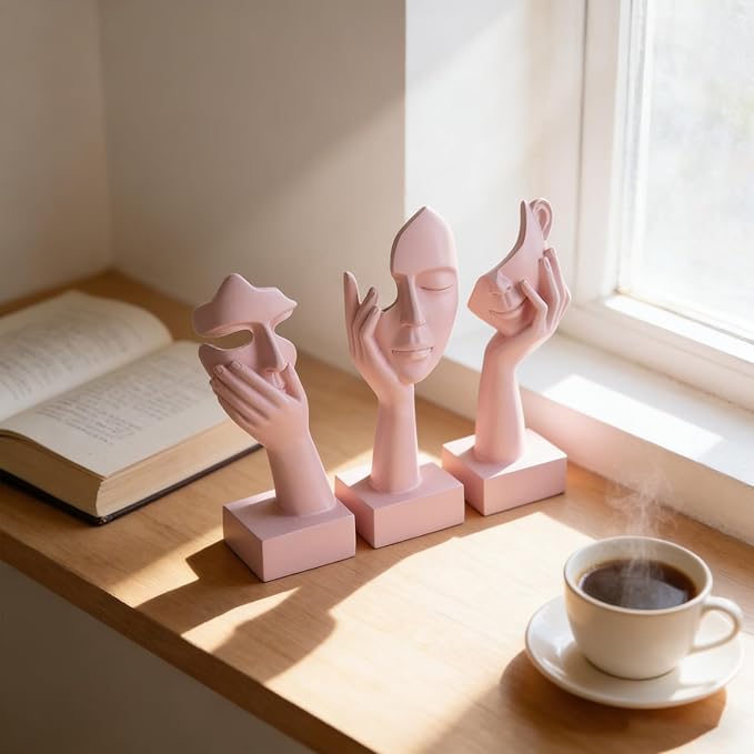 3 Pcs Thinker Small Statue Set - Pink Art Abstract Home Accent Figurines for Decor Woman Apartment Bookshelf Floating Shelf Coffee Table Office Desk Bathroom Counter Decor (3 Pcs Pink, 6")