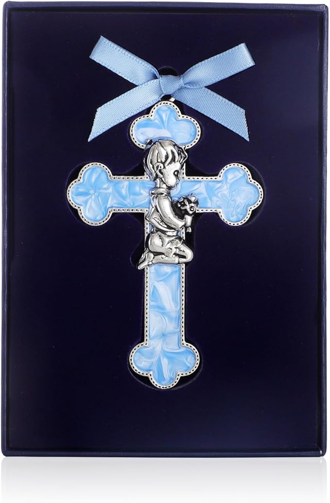 KOMI Baptism Gifts for Boys Blue Enamel Baby Wall Cross Christening Praying Boy Cross Christening and Dedication Baptismal Gifts from Godparents