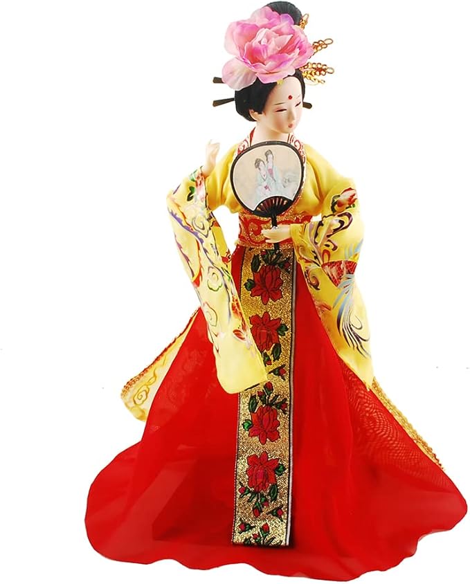 12 Inch Chinese Traditional Handicraft Silk Figurine Collectible Chinese Ancient Character Ornaments for Home Decoration(Yellow)