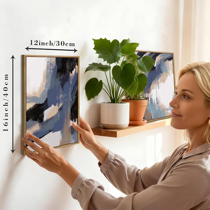 BINCUE Blue Neutral Wall Art Framed Modern Abstract Artwork Blue Abstract Wall Decor Modern Blue Wall Paintings Abstract Neutral Wall Pictures for Living Room Bedroom Office Bathroom 12" Lx16 W Set of 3