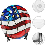 Stars and Stripes Theme Decorative Ceramic Plate Round Porcelain Plate,6 inch,Rainbow Glass Pattern,for Decorative Ornaments Giving Plates,1 Plate with 1 Display Stand,Red Blue