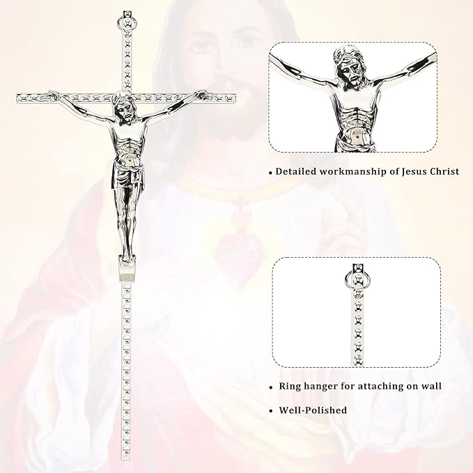 DCCXN Crucifix Wall Cross, Catholic Silver Metal Wall Crucifix with Custom Engraving Design for Home Decor - 10 Inch
