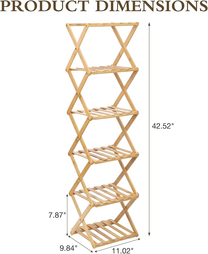 Bamboo Shoe Rack 6 Tier Foldable Shoe Rack Narrow Vertical Shoe Organizer Free Standing Shelf, Multifunctional Slim Storage for Entryway, Corner, Bedroom, Hallway, Wood Color