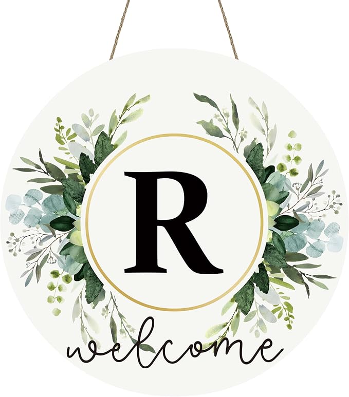 Monogram Letter R Wreaths for Front Door Wreath Wooden Welcome Sign for Front Door Decor Floral Family Last Name Initial House Warming Spring Summer Porch Rustic Wall Home Kitchen Boho Decorations