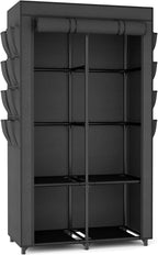 Portable Closet for Hanging Clothes, Portable Wardrobe Closet with Cover, 4 Storage Shelves, 2 Hanging Rods and 8 Side Pockets, Easy Assembly and Sturdy Free Standing Closet for Bedroom, Black