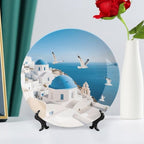 Santorini Greek Island Ceramic Display Plate Decorative Round Hanging Bone China Plate with Display Stand for Kitchen Dining Room Wine Cabinet Home Décor Art Decoration 10inch
