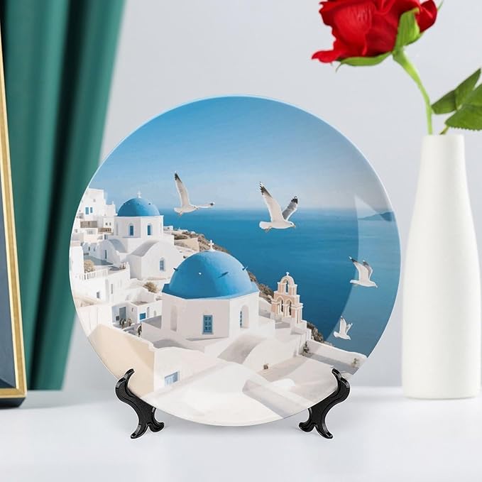 Santorini Greek Island Ceramic Display Plate Decorative Round Hanging Bone China Plate with Display Stand for Kitchen Dining Room Wine Cabinet Home Décor Art Decoration 10inch