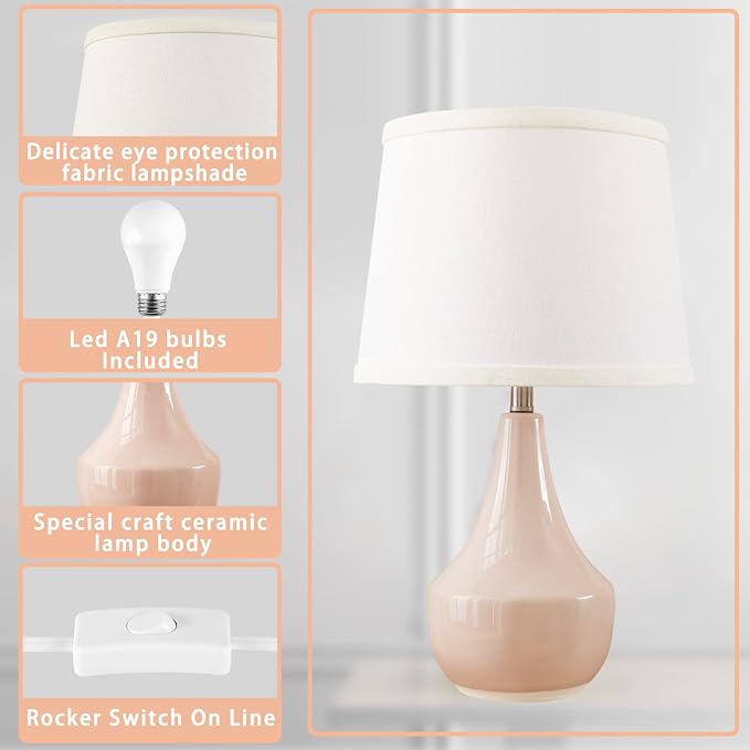 GyroVu 18" Table Lamp Set of 2, Ceramic Lamp Classic Beside Lamps Nightstand Lamp Modern Bedside Lamp for Living Room, Bedroom & Office Rocker Switch Pink-LED Bulbs Included