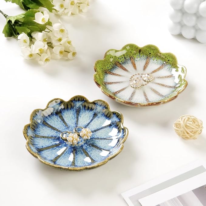 Lotus Ring Holder Dish Small Indoor Ash Tray, Ceramic Dessert Plate Trinket Jewelry Holder Organizing Necklace Earrings for Parents Friends Sister, All Jewelries Are NOT Included, Retro Blue.