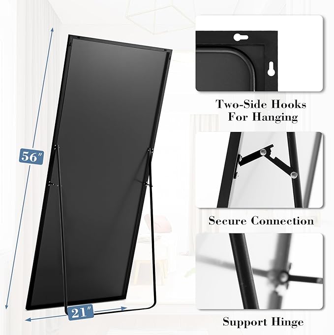 DUMOS 56"x21" Full Length Mirror, Full Body Mirror with Aluminum Alloy Thin Frame, Standing Mirrors with Leaning or Hanging, Suitable for Bedroom, Livingroom, Cloakroom, Black
