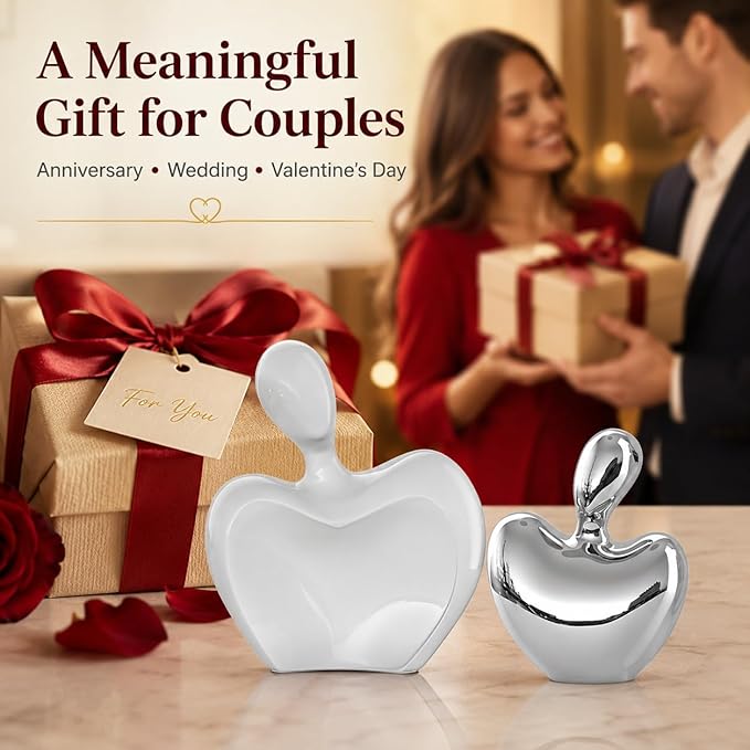 White Silver Mini Hugging Couple Statue Ceramic Lover Figurine Home Decor is a Romantic Gift for Her on Wedding Anniversary and Valentines, TV Stand Decoration Knick Knacks for Shelves (White Silver)