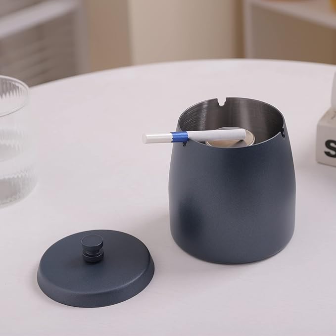 Large Ashtray with Lid for Cigarette, Stainless Steel Smokeless Odorless Windproof Ash tray for Home Office Tabletop Outside Patio Outdoor Balcony(3.93''x3.2''x3.82'')