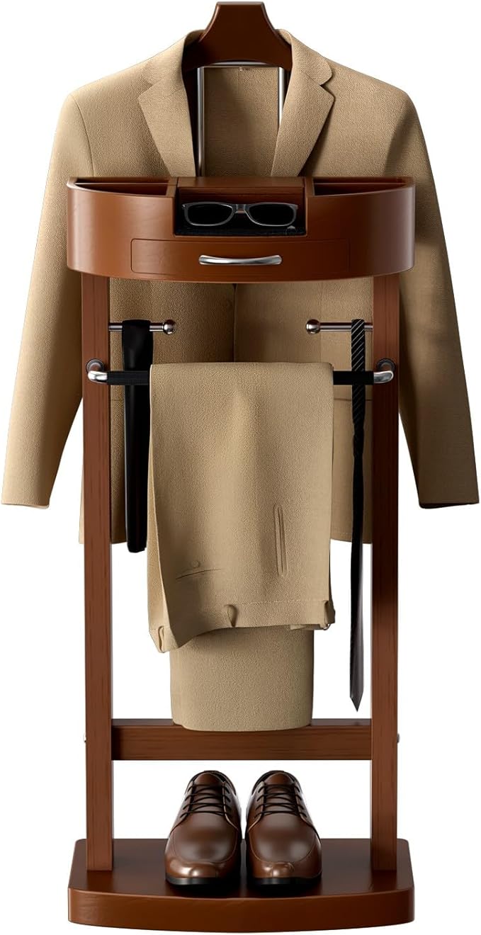 Wood Valet Stand with Tray, Clothes Valet Stand for Men, Suit Valet Stand with Sturdy Base, for Entryway, Bedroom, Office 17x13.4x41.96in