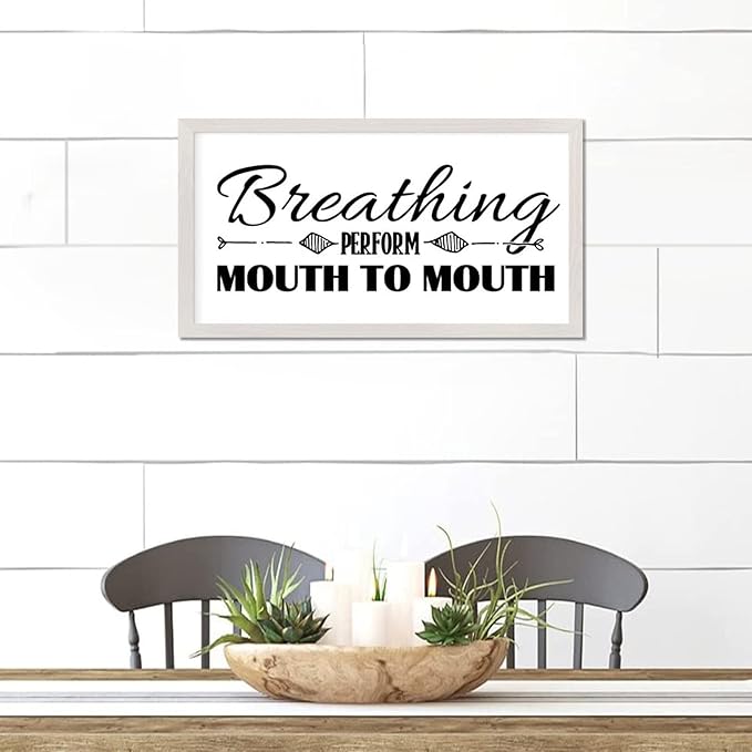 Country Style 12x22in Wooden Wall Plaque with Inspirational Quotes Breathing Perform Mouth to Mouth Family Lettering White Frame Wooden Plaque for Bathroom Farmhouse Porch Cottage Wall Decor